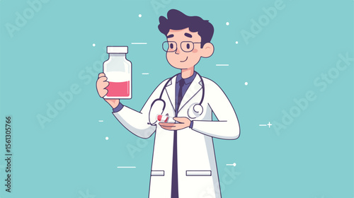Medical Professional Holding Medicine Bottle and Syringe with Bottle of Milk