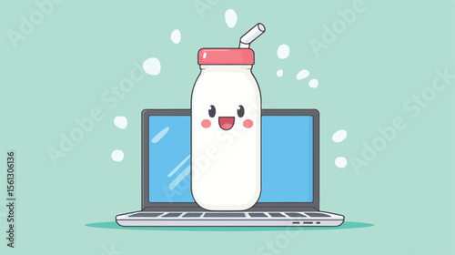 Creative Illustration of Milk Bottle with Laptop Mascot Cartoon Vector Design