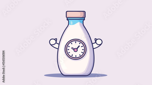 Time Management Concept with Milk Bottle and Wristwatch Cartoon Illustration