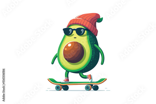 A hipster avocado riding a skateboard, flat vector style, white background