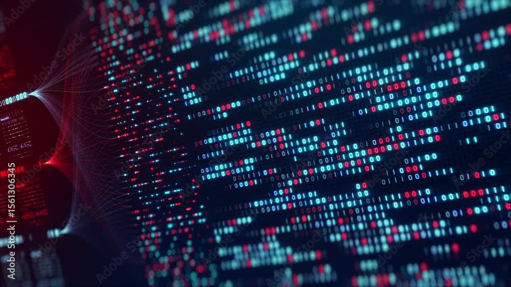 Neural Network Big Data Flow Visualization, Binary Code Matrix, AI Machine Learning Abstract Background, Quantum Computing, Cyber Security, Futuristic Technology Artificial Intelligence Digital Grid