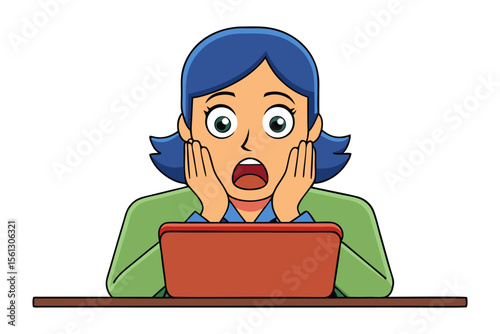 Shocked woman with blue hair stares at laptop with hands on cheeks in astonishment and disbelief