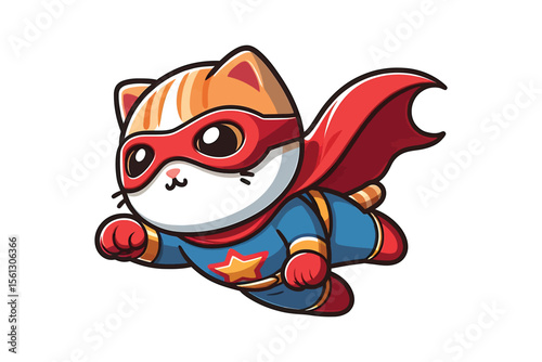 A cat wearing a superhero cape, trying to fly but falling, flat vector style, white background