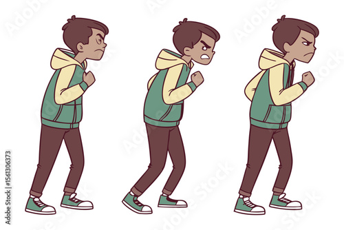 Animated anger sequence: A sequence of animated illustrations shows a young person's escalating anger. The art style uses bold lines, conveying emotion, and movement.