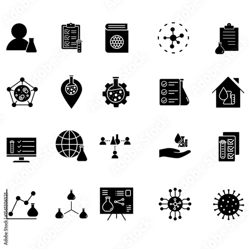 Experiments vector icon set. lab illustration sign collection.  Laboratory symbol. Chemistry web icons.
Contains tests, analysis, biochemistry and more.