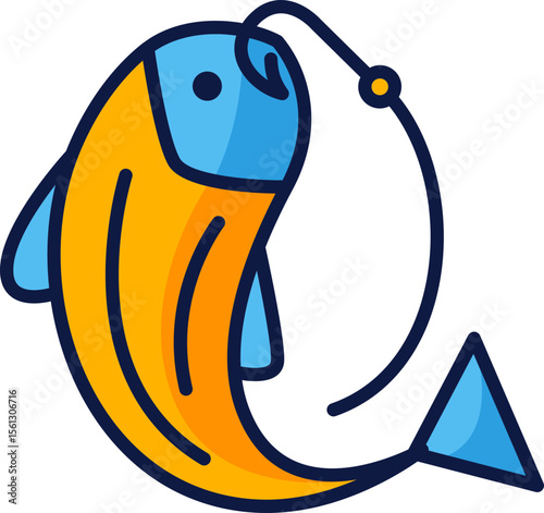 Cartoon Fish on Hook Fun, Colorful Illustration