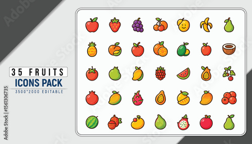 Fruit Icon Pack: A vibrant collection of 35 colorful fruit icons, perfect for a variety of design projects. These icons feature a range of fresh and delicious fruits.