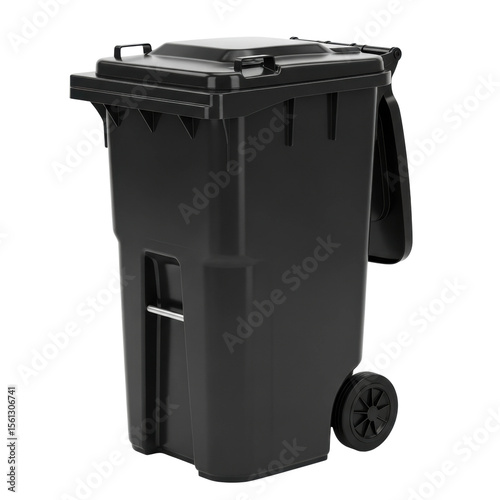 A durable black plastic garbage bin with wheels and a hinged lid, perfect for household or commercial waste collection.