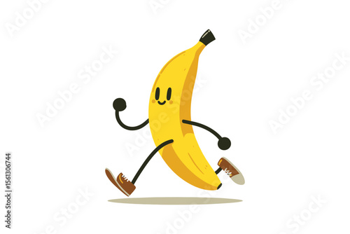 A banana with legs and a face, trying to do yoga, flat vector style, white background