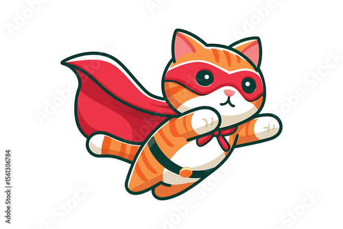 A cat wearing a superhero cape, trying to fly but falling, flat vector style, white background