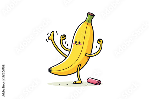 A banana with legs and a face, trying to do yoga, flat vector style, white background