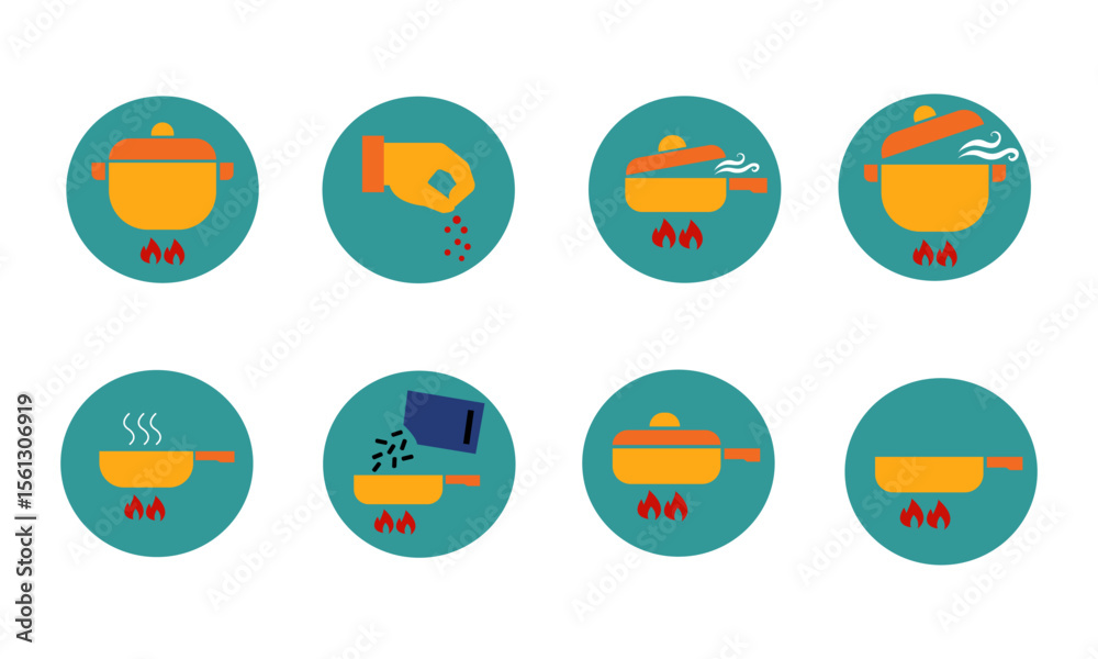 Fototapeta premium flat design cooking icon set featuring various kitchen actions like boiling, seasoning, and frying. Perfect for culinary projects, apps, recipe visuals, and food-related design assets.