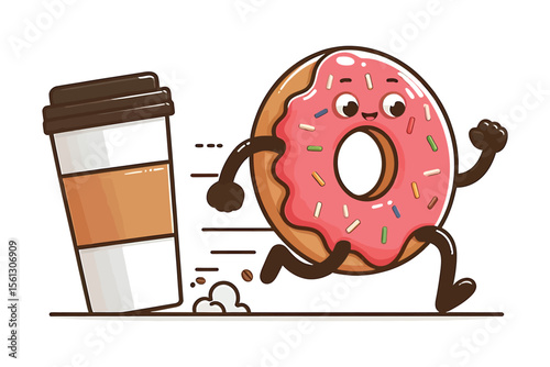 A donut with arms and legs, running away , flat vector design, white background