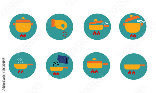 flat design cooking icon set featuring various kitchen actions like boiling, seasoning, and frying. Perfect for culinary projects, apps, recipe visuals, and food-related design assets.