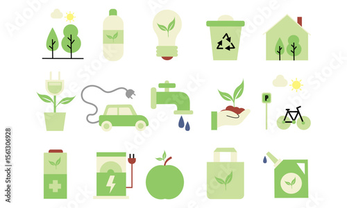 flat design ecology icon set featuring themes of sustainability, renewable energy, environmental conservation, and green living.