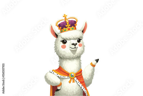 A llama wearing a crown and posing like royalty, flat vector, white background
