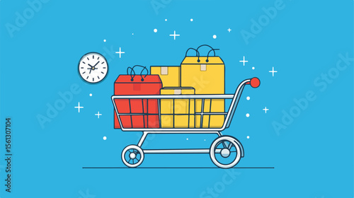 Modern Design of Boxes Over Cart and Clock Vector Illustration