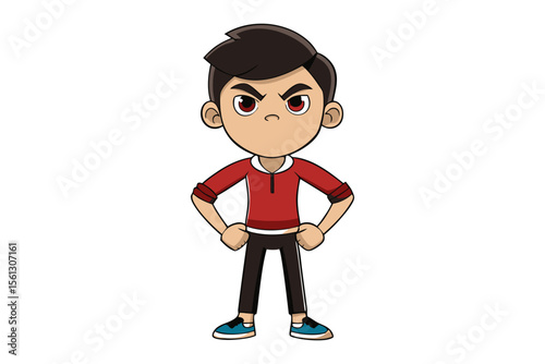 Determined Teen's Stand: A resolute cartoon teen stands confidently with hands on hips, emanating strength and determination.