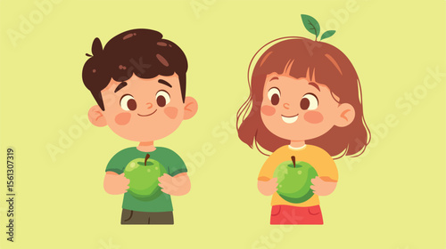 Cute Boy and Girl with Green Apple Flat Vector Illustration