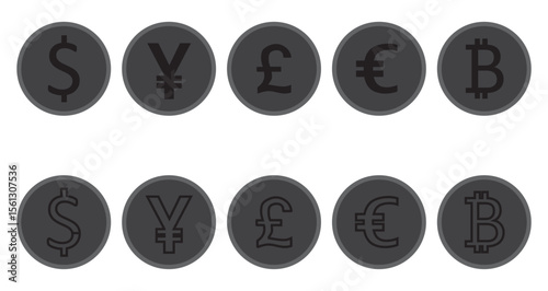 Currencies icon set. Currency signs symbols. Euro, dollar, pound, Yen, Bitcoin. Vector illustration.