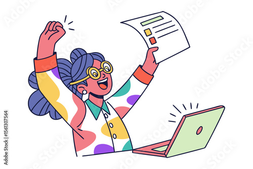 Excited woman celebrates success with laptop and checklist demonstrating achievement and productivity in a vibrant illustration style