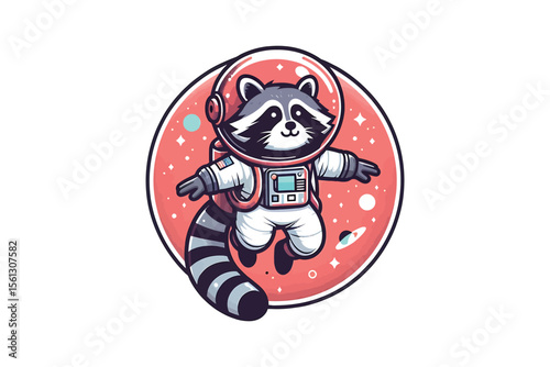 A raccoon in a spacesuit, floating in space,flat vector art, white background