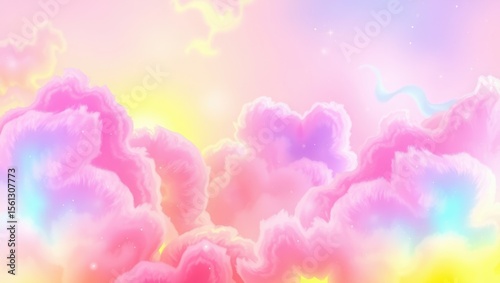 Vibrant fantasy wallpaper featuring fluid rainbow-like gradients flowing through abstract clouds, soft sparkles, dreamy lighting. Whimsical and joyful, suitable for creative spaces or kids’ themes.