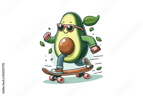 A hipster avocado riding a skateboard, flat vector style, white background