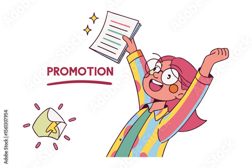 Excited cartoon character celebrating a promotion with documents and a star award conveying success and achievement