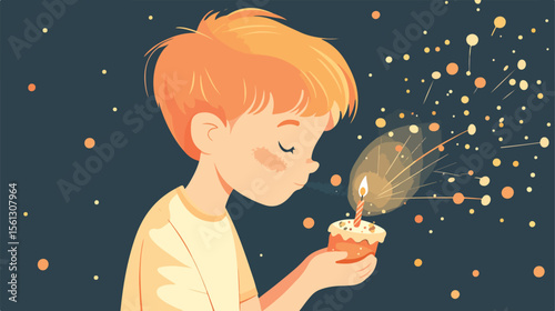 Happy Boy Blowing Birthday Candle Flat Vector Illustration
