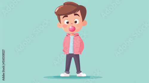 Young Boy Chewing Gum Flat Vector Illustration in the Center