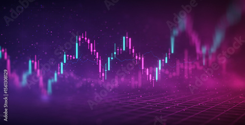 Stock market chart lines in pink and blue against a dark background.