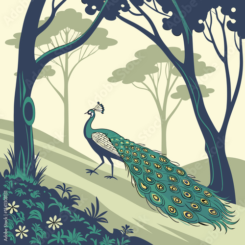 
a peacock walking in the woods