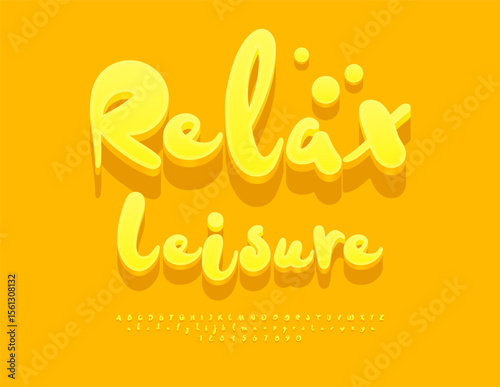Vector Summer badge Relax Leisure. Sunny Yellow Font. Funny 3D Alphabet Letters and Numbers set. 