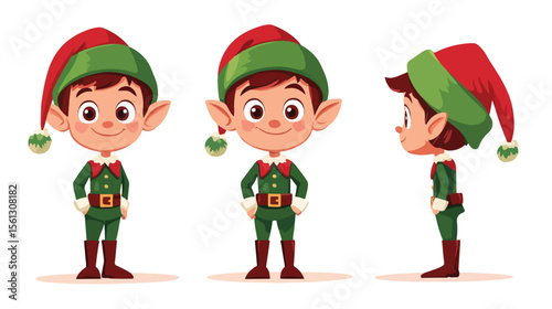 Cheerful Christmas Elf Boy - Flat Vector Illustration