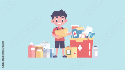 Young boy donating medical supplies in flat vector illustration