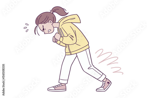 Strained Effort: A young woman is exerting herself with a grimace of exertion in a simplified graphic, embodying determination and strain. 