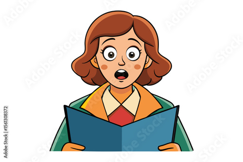 Surprised cartoon woman with open mouth and wide eyes holding a blue folder in front of her