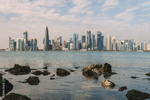 panorama view of the skyline of Doha in evening