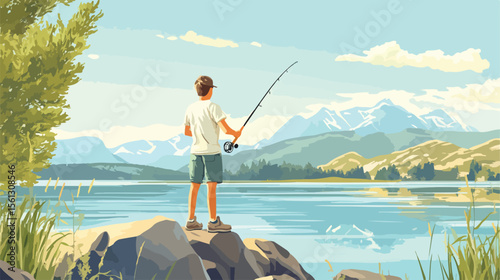 Young Boy Fishing Standing with Rod Flat Vector Illustration