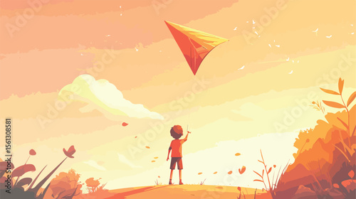 Boy Flying Kite Flat Vector Illustration