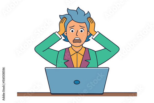 Frustrated person with blue hair holds head in hands staring at laptop screen in distress