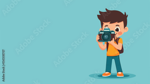 Young Boy Capturing Moments with a Camera in Flat Vector Illustration