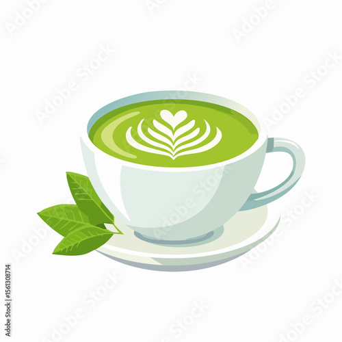 Delicious Matcha Latte Creamy Green Tea Drink in White Cup