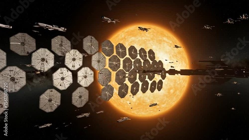 Futuristic spacecraft near a glowing sun with vessels