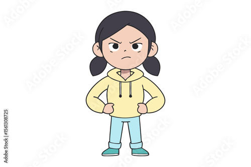 Frustrated: An illustration portrays a young person's discontent, hands on hips, furrowed brows. A vivid expression of annoyance and discontent, rendered in simple, graphic lines.