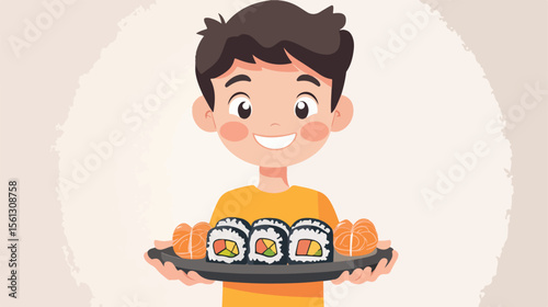 Young Boy Holding Plate of Sushi - Flat Vector Illustration