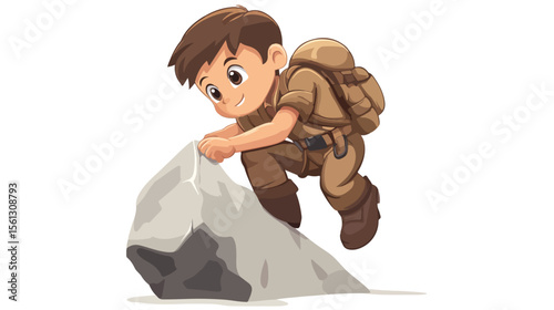 Young Boy Climbing in Brown Uniform Isolated Flat Vector Illustration