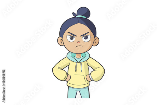 Angry little girl's illustration: A cute girl in casual clothes with an angry expression.