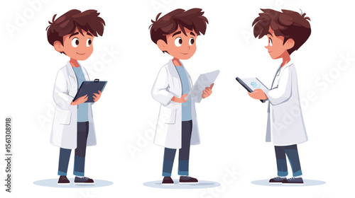 Young Boy in Lab Gown with Notebook on White Background Vector Illustration